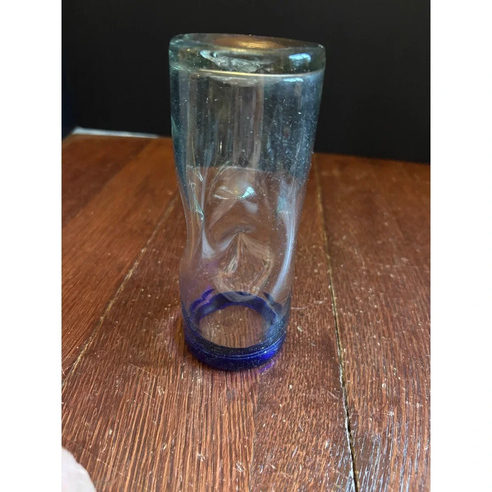 Hand Blown Mexican Glass Cobalt Blue Rim Dimpled Thumbprint Tumbler 6.5